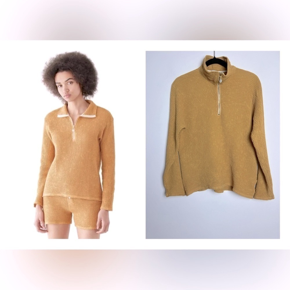 Donni Half-Zip Waffle Knit Pullover - Mustard/Tan